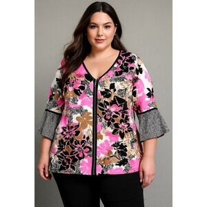 JM Collection Top Womens Plus Size 2X Pink Black Bell Sleeve V Neck Floral Fairy